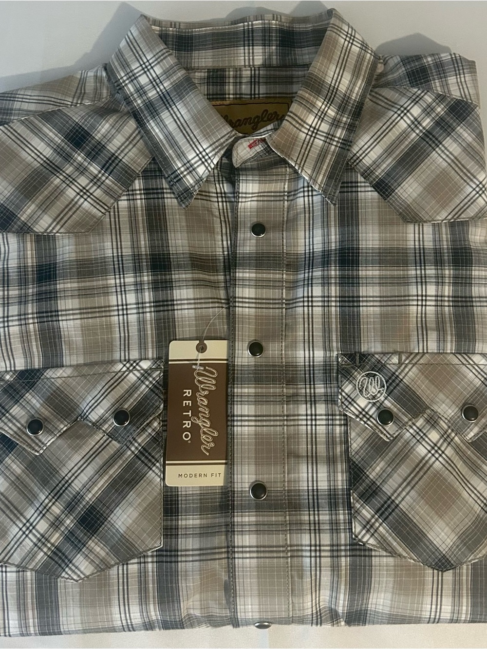 Wrangler Retro Men’s Plaid Button-Down Black Pearl Snap Shirt - Tan/Gray